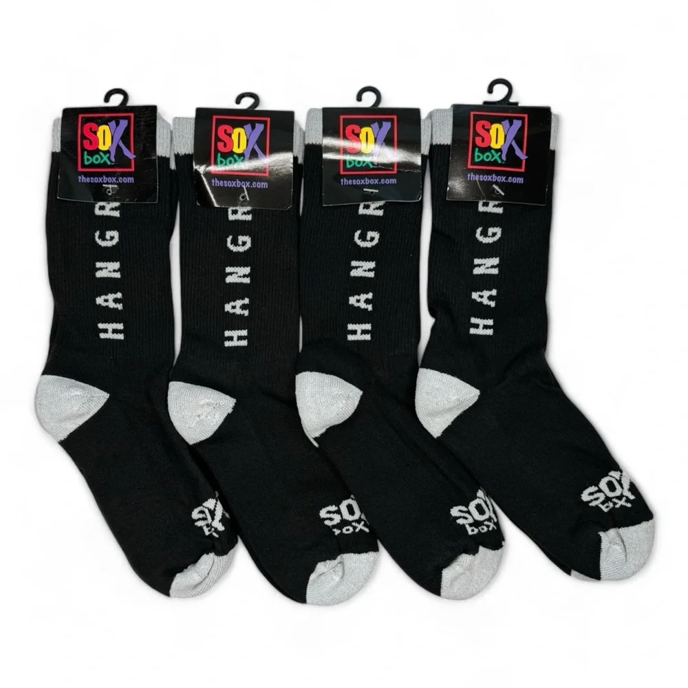 The Sox Box Hangry Crew Socks OSFM Mid Calf Black Gray Humor Novelty 4 Pairs New